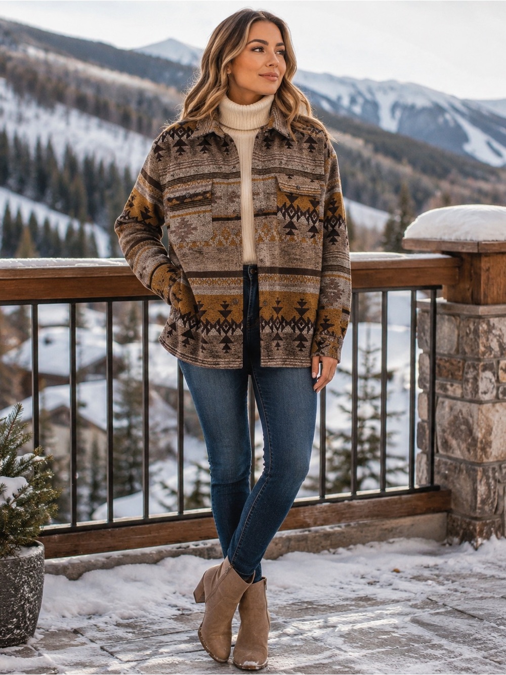 Cozy Patterned Shacket Jacket - Brown Multi large